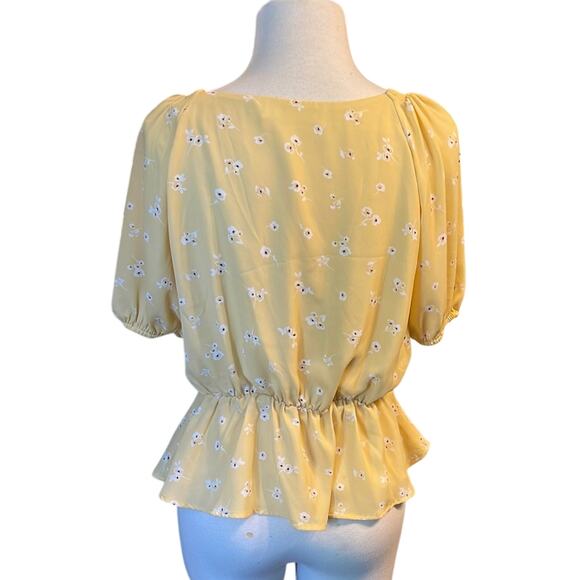 Astr Yellow Puff Sleeve Wrap Peplum Blouse - Picture 4 of 5